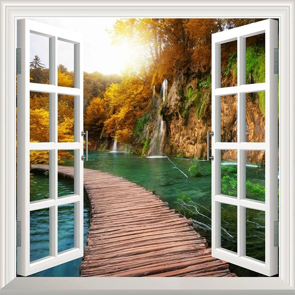 Pencere Poster Duvar Kağıdı Şelale Yol Yapışkanlı Sticker ürün görseli 1