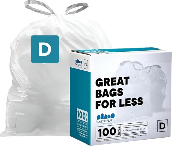 Plasticplace Özel Uyumlu Torbaları - Basit Insan (X) Kodu D Uyumlu (100 Sayım) - Beyaz İpli Astarları 5,3 Galon / 20 Litre ürün görseli 1