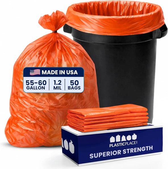 Plasticplace 55-60 Galon Torbaları │ 1.2 Mil │ Turuncu Ağır Hizmet Kovası Gömlekleri │ 38" X 58" (50 Sayı) ürün görseli 1