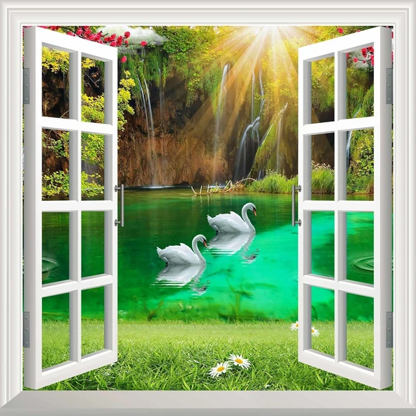 Pencere Poster Duvar Kağıdı Kuğu Göl Yapışkanlı Sticker ürün görseli 1