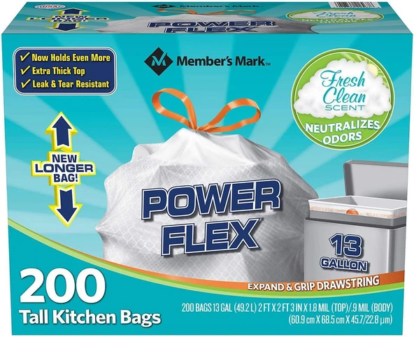 Member'S Mark Power Flex Uzun Mutfak Büzme İpli Torbaları (13 Galon, 2 Rulo, 100 Ct, Toplam 200 Sayısı) ürün görseli 1