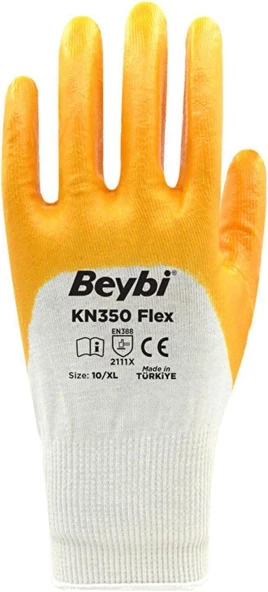 Beybi Pamuk Nitril Pamuk Kn350 Flex 10 Beden İşçi Eldiveni Beyaz Sarı En388 2111X (12 Li Paket) ürün görseli 1