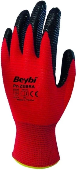 Beybi Pn Zebra Polyester Örme Nitril Eldiven No 10, Çift, Kırmızı ürün görseli 1