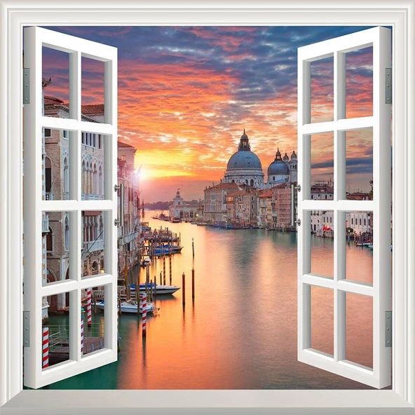 Pencere Poster Duvar Kağıdı Venedik Akşam Yapışkanlı Sticker ürün görseli 1