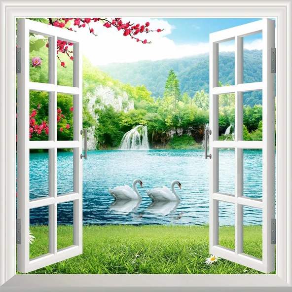 Pencere Poster Duvar Kağıdı Şelale Kuğu Yapışkanlı Sticker ürün görseli 1