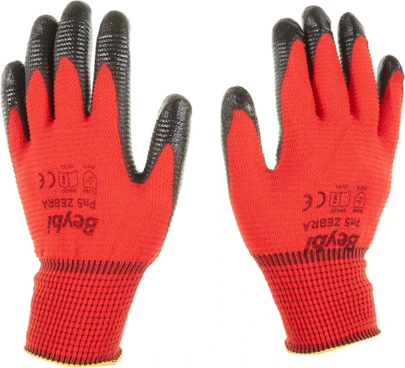 Beybi Pu17 Pn5 Zebra Polyester Örme Nitril Eldiven Çift, No 10, Kırmızı Siyah ürün görseli 1