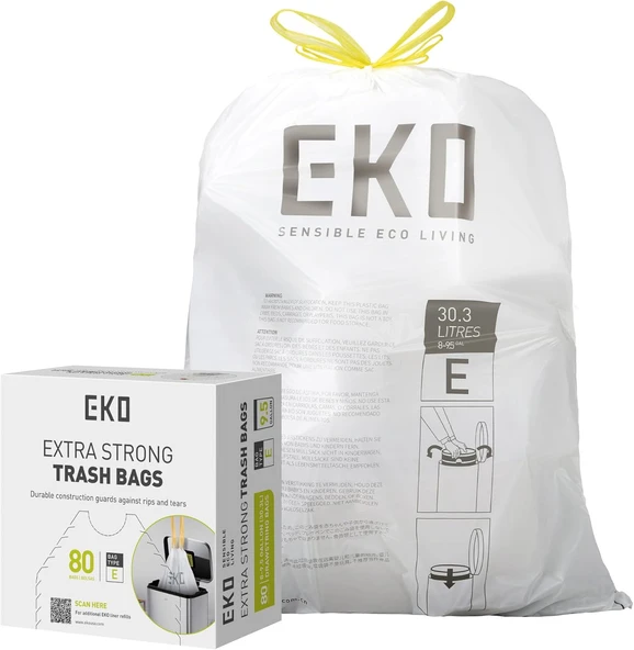 Eko Easy Dispense Roll 80 Adet Ekstra Güçlü İpli Uzun Mutfak Torbası, 8 Galon Torbası (25-35L) 80'Li Paket Beyaz, Kod E ürün görseli 1