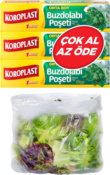 Koroplast 3'Lü Çok Al Az Öde Ekonomik Paket Orta Boy 60'Lı Buzdolabı Poşeti, Sızdırmaz & Bpa İçermez Gıda Saklama Torbası, Et, Tavuk, Balık, Sebze, Meyve, Çorba, Sos, Peynir, Kuruyemiş, Sandviç ürün görseli 1