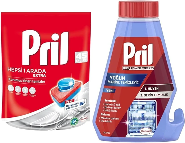 Pril Hepsi Bir Arada Extra Tablet Bulaşık Deterjanı 45 Yıkama (1 X 45 Tablet) + Pril 5 Etkili Yoğun Makina Temizleyici (1 X 250 Ml) ürün görseli 1