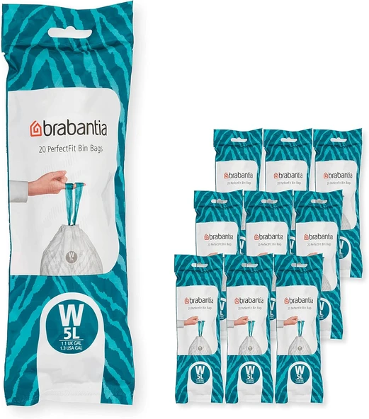 Brabantia Perfectfit Torbası, Çoklu Paket (Kod W/5 L) Ekstra Güçlü Torbaları, Çekme Bantlı, 10 Rulo (200 Torbası) ürün görseli 1