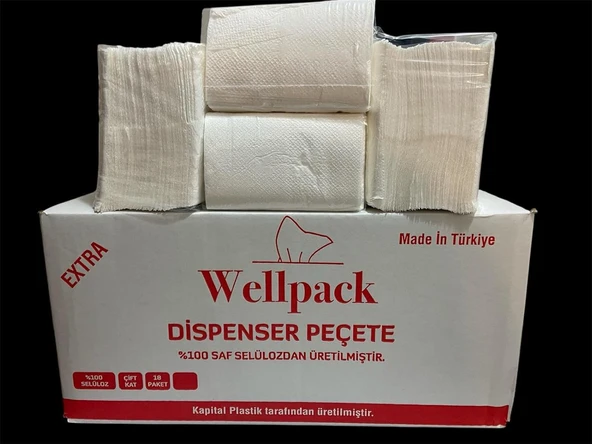 Wellpack Dispenser Peçete, 100% Saf Selüloz, Çift Kat, Paket, Made In Türkiye,Ekstra Büyük Boy 200 Yaprak,18 Paket İçerir ürün görseli 1