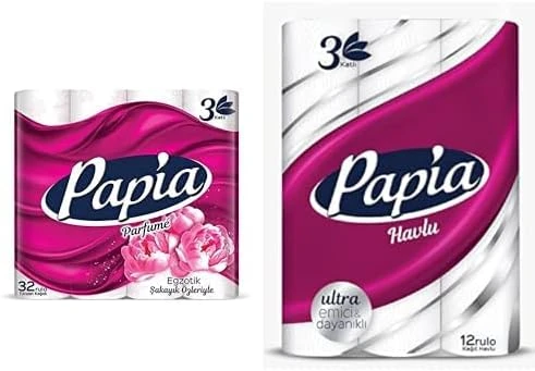 Papia 3 Katlı Egzotik Şakayık Özleriyle Parfümlü 32'Li Cilt Tuvalet Kağıdı (1 X 32 Rulo) Papia 3 Katlı Emici & Dayanıklı 12'Li Kağıt Havlu (1 X 12 Rulo) ürün görseli 1