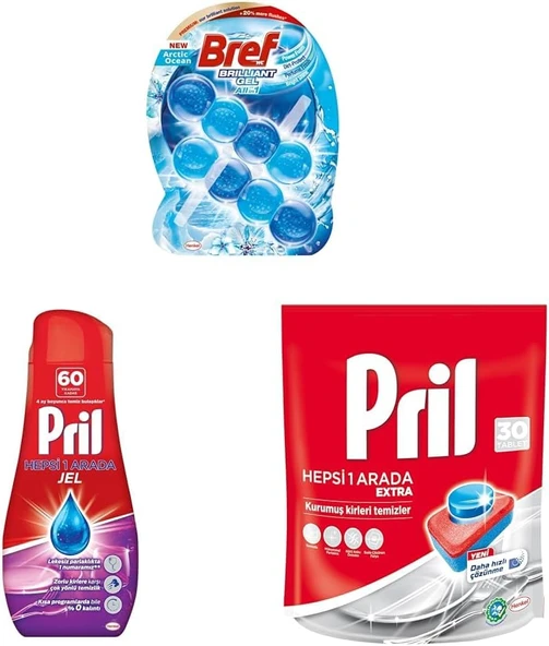 Bref Wc Brilliant Jel Buzul Okyanus Kokulu + Pril Hepsi 1 Arada Jel Standart + Pril Hepsi Bir Arada Extra Tablet Bulaşık Deterjanı 30 Yıkama (1 X 30 Tablet) ürün görseli 1