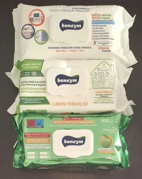 Boneym Çok Amaçlı Yüzey Temizlik Havlusu 3’Lü Set – Beyaz Sabun – Limon Ferahlığı – Yeşil Elma Tazeliği ürün görseli 1