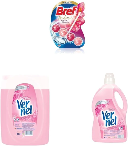 Bref Wc Deluxe Manolya Klozet Temizleme Topları (1 X 1 Adet) + Vernel Gülün Büyüsü Çamaşır Yumuşatıcısı, 5L + Vernel Gülün Büyüsü Kalıcı Parfüm 30 Yıkama Çamaşır Yumuşatıcısı (1 X 3000 Ml) ürün görseli 1