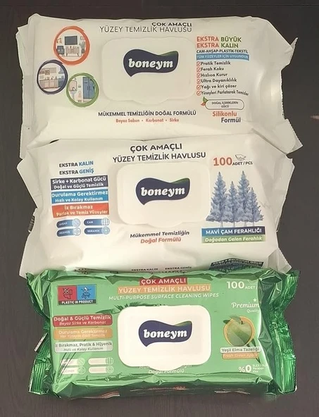 Boneym Çok Amaçlı Yüzey Temizlik Havlusu 3’Lü Set – Beyaz Sabun – Çam Ferahlığı – Yeşil Elma Tazeliği ürün görseli 1