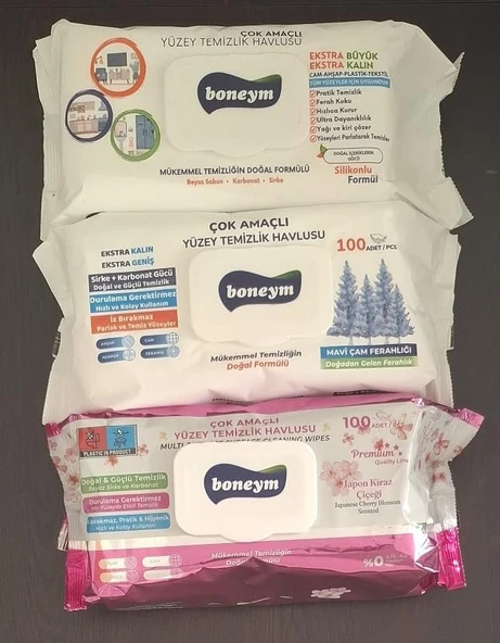 Boneym Çok Amaçlı Yüzey Temizlik Havlusu 3’Lü Set – Beyaz Sabun – Çam Ferahlığı – Japon Kiraz Çiçeği ürün görseli 1