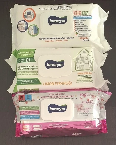 Boneym Çok Amaçlı Yüzey Temizlik Havlusu 3’Lü Set – Beyaz Sabun – Limon Ferahlığı – Japon Kiraz Çiçeği ürün görseli 1