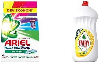 Aqua Pudra Dağ Esintisi Toz Çamaşır Deterjanı Renklilere Özel 7 Kg & Hızlı Sıvı Bulaşık Deterjanı Limon Misket Limonu, 1500 Ml ürün görseli 1