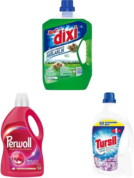 Bref Dixi Çam Kokulu 2500 Ml + Perwoll Geliştirilmiş Renkli Sıvı Çamaşır Detarjanı 2970 Ml + Tursil Komple Çözüm Leylak Bahçesi ürün görseli 1