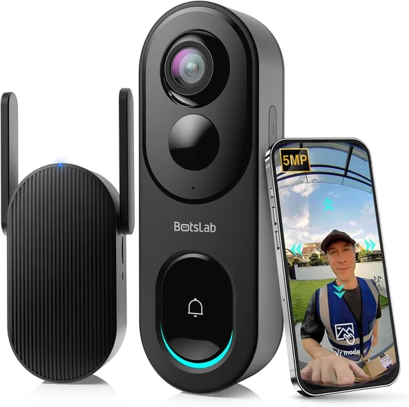 Botslab Kablosuz Kapı Zili Kamerası, Homebase Ile 5 Video Kapı Zili, 180° Panoramik Görünüm, Aylık Ücret Yok, 2,4 Ghz Wifi, Yapay Zeka Hareket Algılama, Vr Modu ürün görseli 1