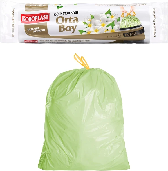 Koroplast Yasemin Kokulu Orta Boy Büzgülü Poşeti 15'Li 55X57 Cm, Kolay Bağlanır Kokulu Büzgülü Orta Boy Torbası, Sızdırmaz, Yırtılmaz, Geri Dönüştürülebilir Atık Torbası, Güçlü Poşeti ürün görseli 1