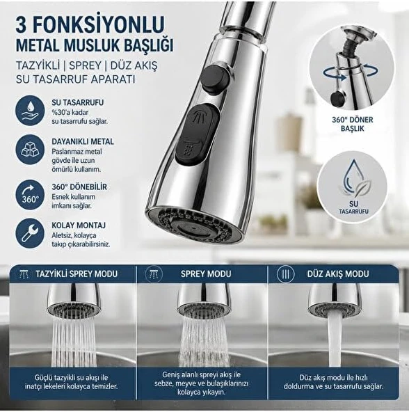 3 Fonksiyonlu Metal Musluk Başlığı – 360° Döner Tazyikli Spreyli Su Tasarruf Aparatı | Mutfak Banyo Musluk Ucu, Basınç Artırıcı Aeratör ürün görseli 1