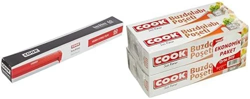 Cook Bas & Kes Streç Film 30 Cm X 60 M-Yedek Cook Buzdolabı Poşeti 3+1 Ekonomik Paket, Orta Boy 24 X 38 Cm (1 X 4 Adet) ürün görseli 1