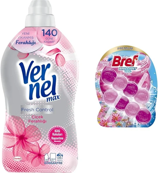 Vernel Fresh Control Çiçek Ferahlığı 55 Yıkama Konsantre Çamaşır Yumuşatıcısı (1 X 1370 Ml) + Bref Wc Brilliant Tuvalet Temizleme Jel Çiçek Kokulu 2'Li (2 X 42 G) ürün görseli 1