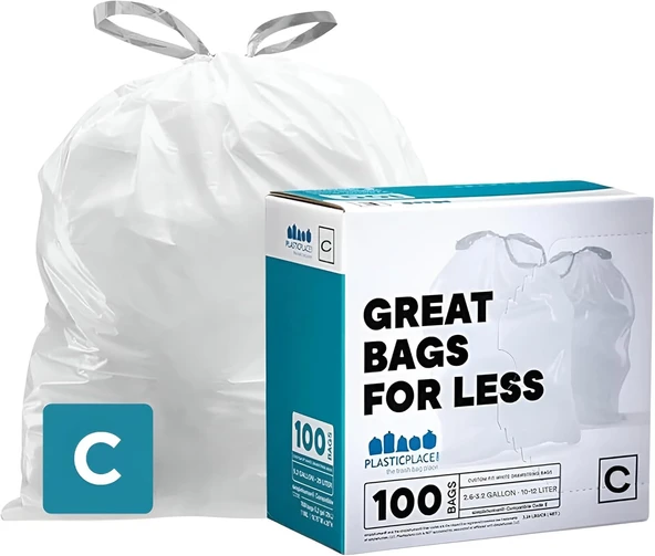 Plasticplace Simplehuman (X) Code C Uyumlu Beyaz İpli Torbaları 2,6-3,2 Galon / 10-12 Litre, 100 Adet ürün görseli 1