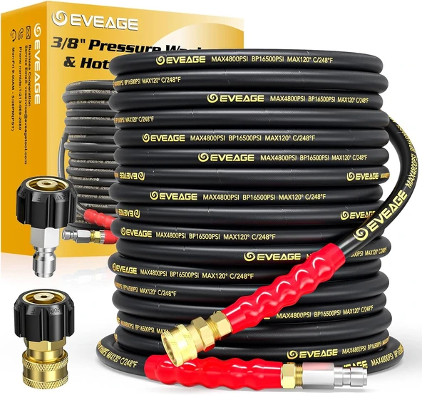 Eveage 3/8 "Basınçlı Yıkama Hortumu 50 Ft, 4800Psi Sanayi Sınıfı Çelik Tel Örgülü Sentetik Kauçuk Ceket, Kink Dayanıklı Sıcak Soğuk Su 266 ° F Güç Yıkama Hortumu, 2 Adet M22 14Mm Adaptör ürün görseli 1