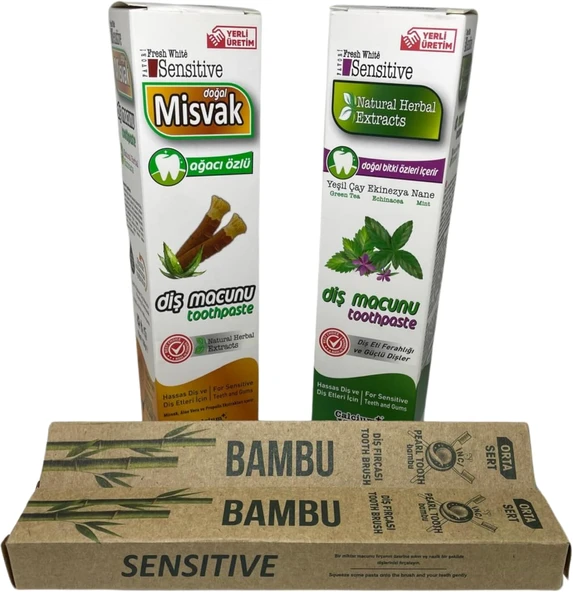 Bybars Di̇ş Bakim Seti̇ Sensitive Di̇ş Macunu Mi̇svak Ağaci Özlü, Aloe Vera Propoli̇s Ekstraktli - Sensitive Herbal Di̇ş Macunu Yeşi̇lçay, Eki̇nezya, Nane Ekstraktli - 2 Adet Bambu Di̇ş Firçasi ürün görseli 1