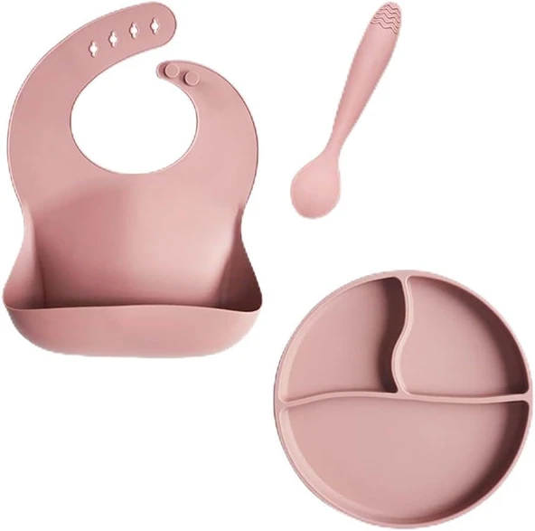 Meleni Baby 3'Lü Silikon Beslenme Seti - Silikon Mama Önlüğü Vakum Tabanlı Tabak Kaşıyıcılı Kaşık Pembe ürün görseli 1