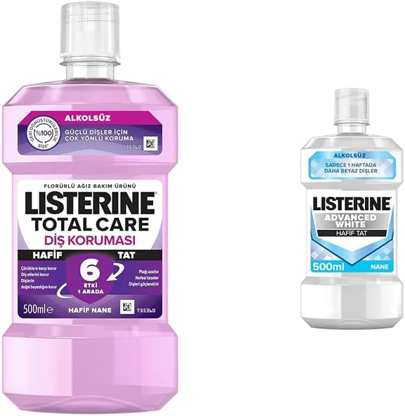 Listerine, Total Care, Koruyucu, 6 Etkili Florürlü Ağız Bakım Ürünü, Hafif Tat, Sıfır Alkol, Nane Aromalı, 500Ml Listerine Advanced White Hafif Tat Ağız Bakım Suyu 500 Ml ürün görseli 1