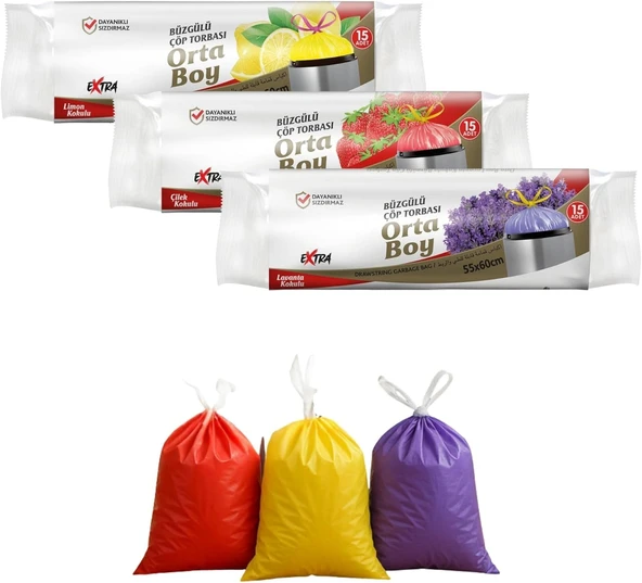 Extra Büzgülü Torbası, 55X60 Cm, Lavanta-Çilek-Limon Kokulu, Sızdırmaz, 3'Lü Paket, 15 Adet ürün görseli 1