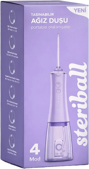 Steriball Irrigator Ağız Duşu Lila - 4 Temizlik Modu, 360° Dönebilen Başlık, 0,60 Mm İnce Su Akışı, Yüksek Frekanslı Su Darbesi ürün görseli 1