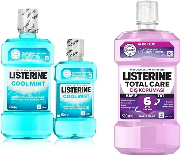 Listerine Coolmint Ağız Bakım Suyu 500 Ml 250 Ml Listerine, Total Care, Koruyucu, 6 Etkili Florürlü Ağız Bakım Ürünü, Hafif Tat, Sıfır Alkol, Nane Aromalı, 500Ml ürün görseli 1