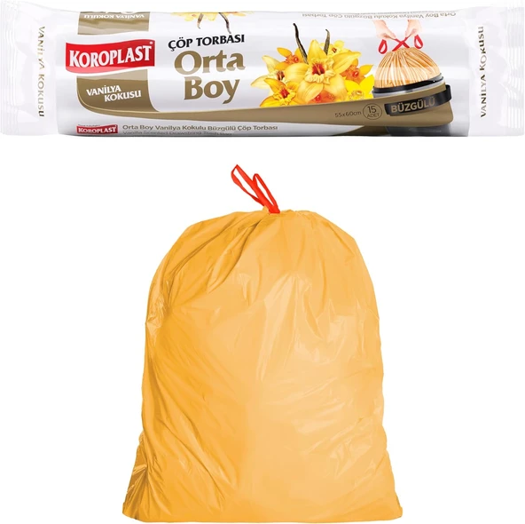 Koroplast Vanilya Kokulu Orta Boy Büzgülü Poşeti 15'Li 55X60 Cm, Kolay Bağlanır Kokulu Büzgülü Orta Boy Torbası, Sızdırmaz, Yırtılmaz, Geri Dönüştürülebilir Atık Torbası, Güçlü Poşeti ürün görseli 1