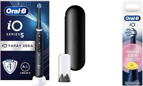 Io - 5 Siyah Yapay Zeka Teknolojili Şarjlı/Elektrikli Fırçası + Io Gentle Care Siyah Fırçası Yedek Başlığı 4 Adet ürün görseli 1
