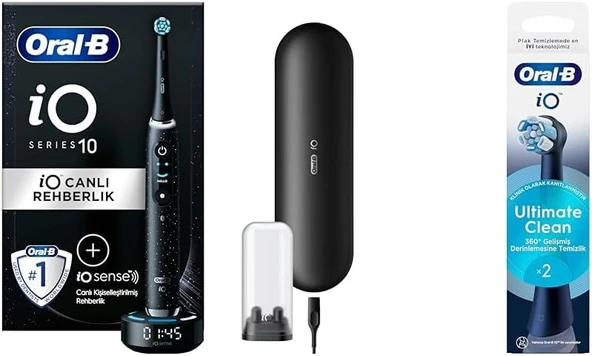 Io Sense Ile Io - 10 Siyah Elektrikli/Şarjlı Fırçası + Io Ultimate Clean Siyah Fırçası Yedek Başlığı 2 Adet ürün görseli 1