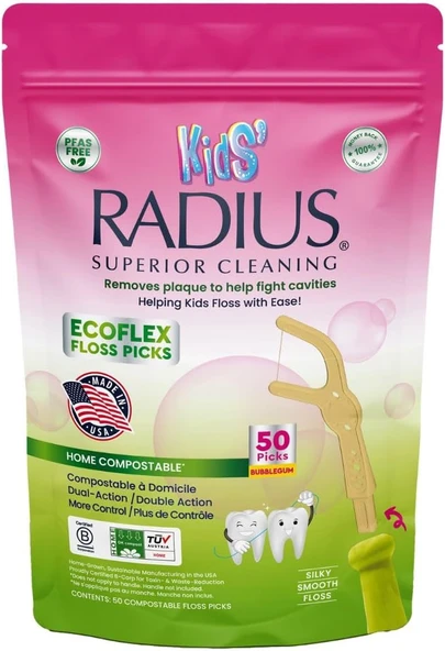 Radius Bubblegum Ecoflex Kompostlanabilir İpi Ağız Bakımı Için Çocukları Seçiyor Toksik Olmayan Eti Korumasını Artırır (Paket Başına 50 Tek Kullanımlık Çift Etkili Yüzgeç) ürün görseli 1