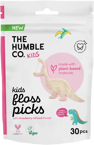 The Humble Co. - Humble Corn Starch Floss Picks - Kids 30 Pcs Kürdanlı İpi 30 Pcs - Çocuklar Için Çilek Aromalı (Dinazor Şekilli), Bitki Bazlı Malzemelerden Yapılmış, Tekrar Kullanılabilir ürün görseli 1