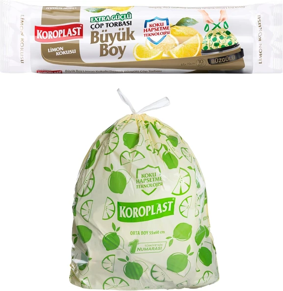 Koroplast Limon Kokulu Büyük Boy Büzgülü Poşeti 10'Lu 65X67 Cm, Kolay Bağlanır Kokulu Büzgülü Büyük Boy Torbası, Sızdırmaz Yırtılmaz, Geri Dönüştürülebilir Atık Torbası Ekstra Güçlü Poşet ürün görseli 1