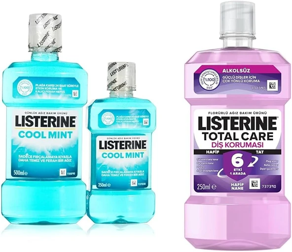 Listerine Coolmint Ağız Bakım Suyu 500 Ml 250 Ml Listerine, Total Care, Koruyucu, 6 Etkili Florürlü Ağız Bakım Ürünü, Hafif Tat, Sıfır Alkol, Nane Aromalı, 250Ml ürün görseli 1