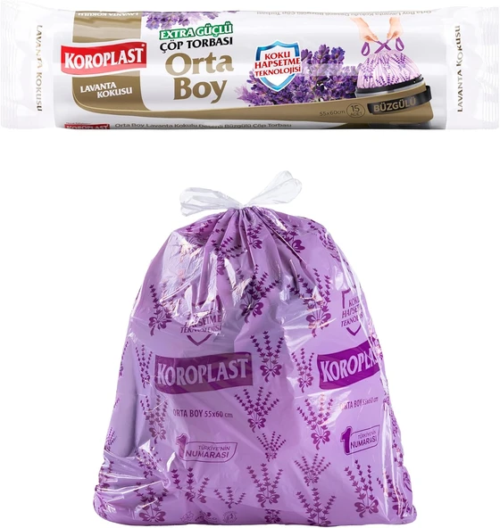 Koroplast Lavanta Kokulu Orta Boy Büzgülü Poşeti 15'Li 55X60 Cm, Kolay Bağlanır Kokulu Büzgülü Orta Boy Torbası, Sızdırmaz, Yırtılmaz, Geri Dönüştürülebilir Atık Torba, Ekstra Güçlü Poşet ürün görseli 1