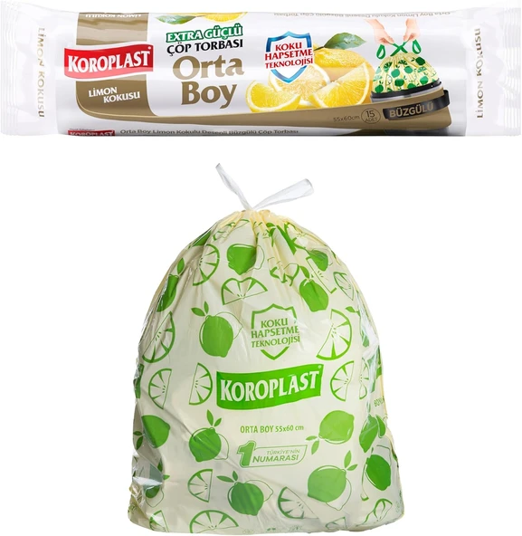 Koroplast Ekstra Güçlü Limon Kokulu Büzgülü Orta Boy Poşeti 15Li ürün görseli 1