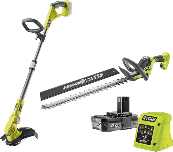 Ryobi V One+ Akülü Motorlu Tırpan Akülü Çalı Budama Makası Kombo Kit Ry18Lt18Hta-120 (Ayarlanabilir Kesim Genişliği 25 – 30 Cm, 55 Cm Bıçaklı Çalı Makası, 24 Mm Kesme Kalınlığı, 1 X 2,0 Ah ürün görseli 1