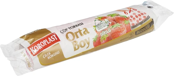 Koroplast Çilek Kokulu Orta Boy Büzgülü Poşeti 15'Li 55X60 Cm, Kolay Bağlanır Kokulu Büzgülü Orta Boy Torbası, Sızdırmaz, Yırtılmaz, Geri Dönüştürülebilir Atık Torbası, Ekstra Güçlü Poşet ürün görseli 1