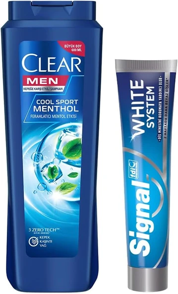 Signal White System Macunu 2 Haftada Daha Beyaz Dişler 75 Ml X2 + Clear Men Kepeğe Karşı Etkili Şampuan Cool Menthol 600 Ml ürün görseli 1