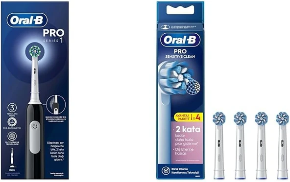 Serisi 1 Siyah Elektrikli Fırçası, 1 Fırçası Başlığı, Tasarımı + Sensitive X-Filament Şarjlı Fırçası Yedek Başlığı 4 Adet ürün görseli 1